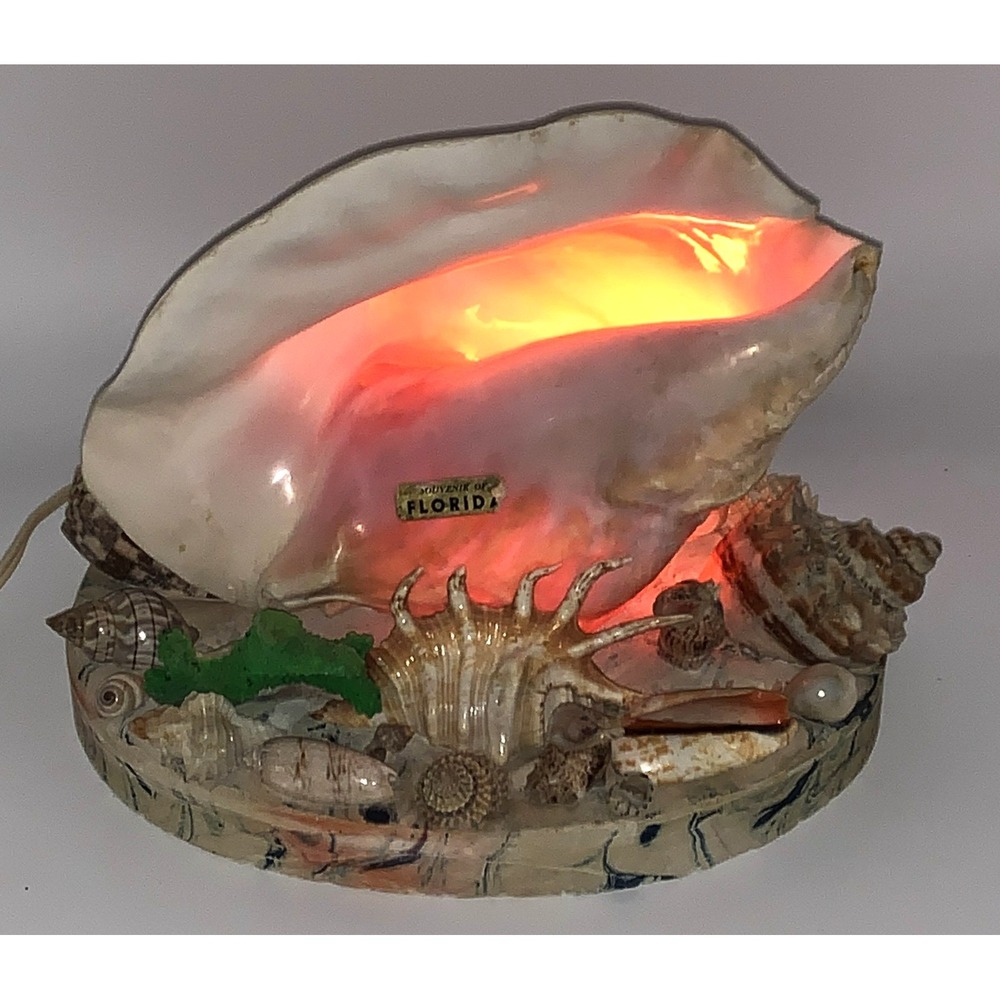 Vtg 50s Pink Conch Seashell Night Table Lamp Light Kitschy Tiki Florida Souvenir